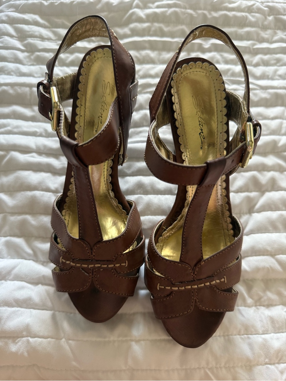 Brown Brittany T-Strap Leather Heeled Sandals with Gold Insole - Women